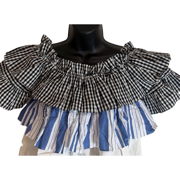Romeo + Juliet Couture Ruffle Off Shoulder Top Gingham Stripe Tiered Blouse M - Picture 2 of 9